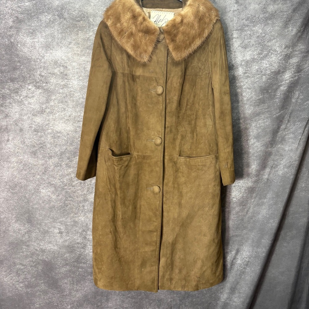 Vintage 70s Suede Genuine Fur Collar Long Coat Women's S Tan Glam Old Hollywood